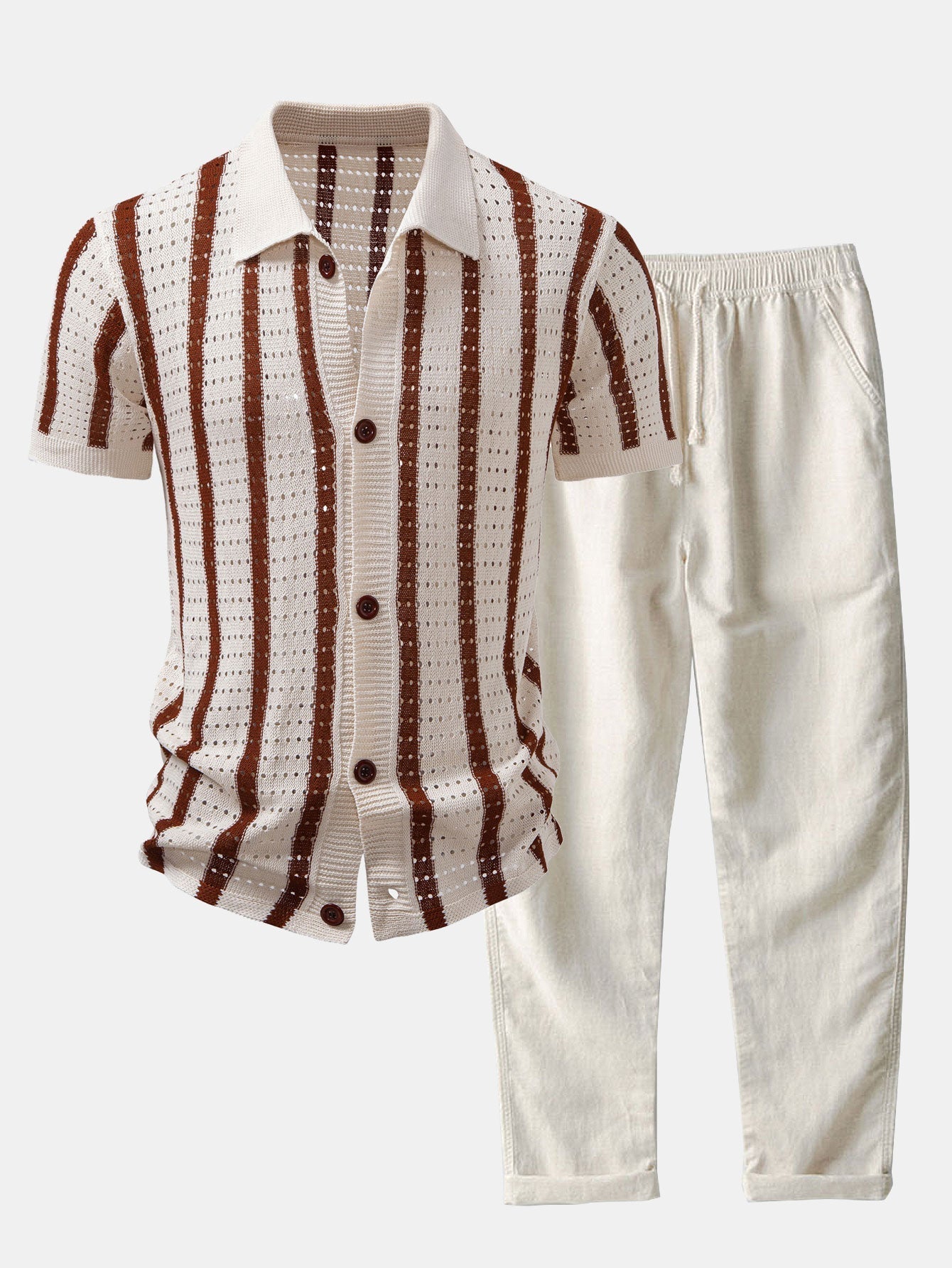 MAISON VALÉRIE | Chemise à rayures avec œillets tricotés & pantalons en lin à jambe droite
