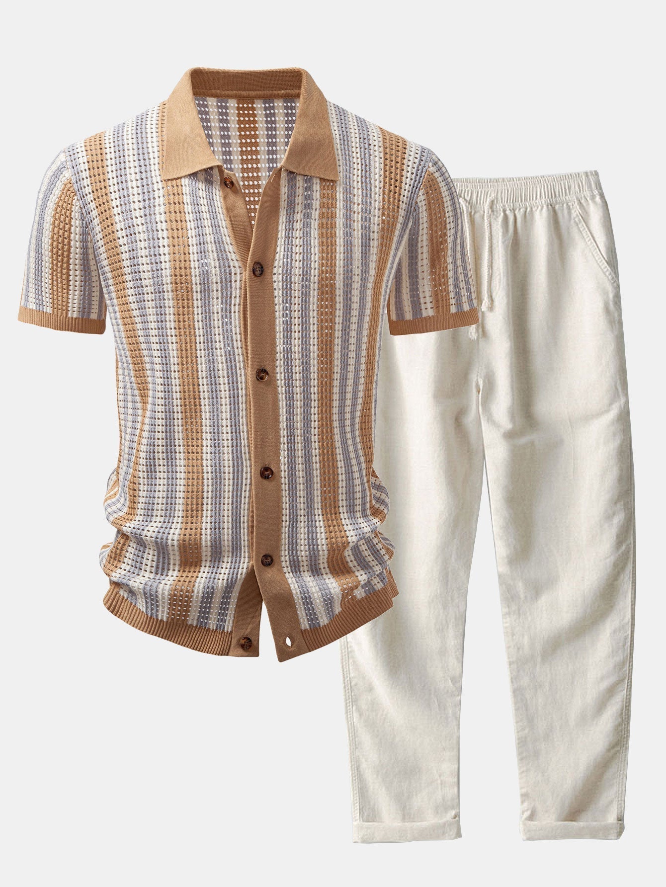 MAISON VALÉRIE | Chemise à rayures avec œillets au crochet & pantalon en lin à jambe droite