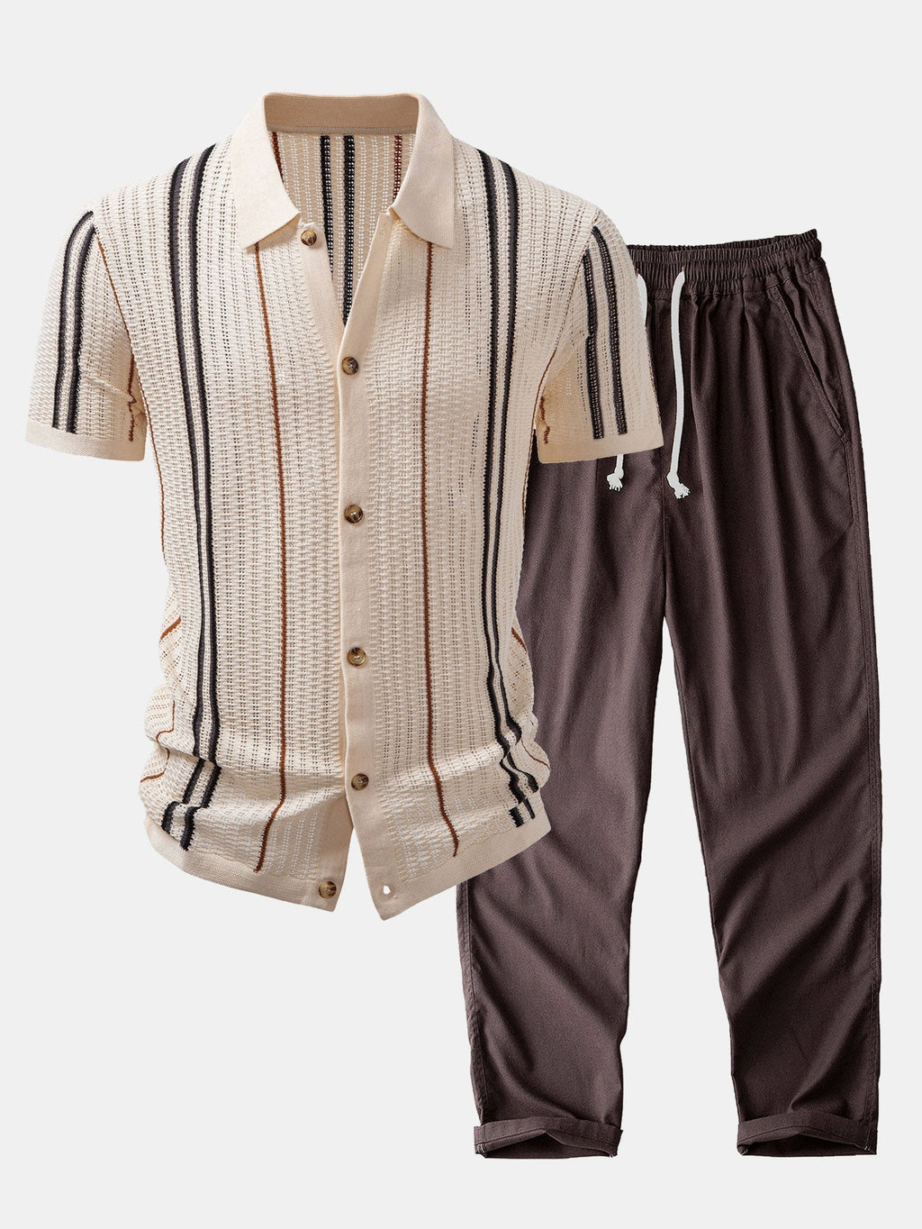 MAISON VALÉRIE | Chemise à rayures au crochet avec boutons & pantalons en lin à jambe droite