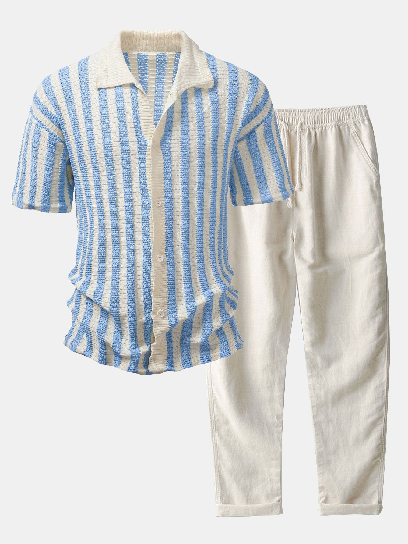 MAISON VALÉRIE | Chemise à épaules dégradées et rayures au crochet & pantalons en lin à jambe droite