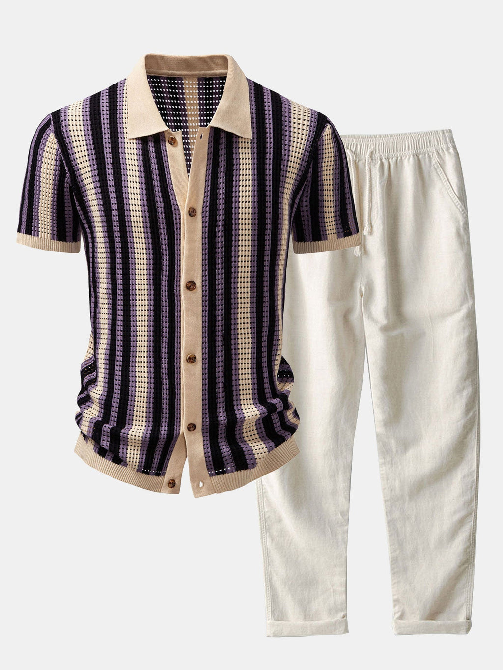 MAISON VALÉRIE | Chemise à rayures avec œillets au crochet & pantalon en lin à jambe droite