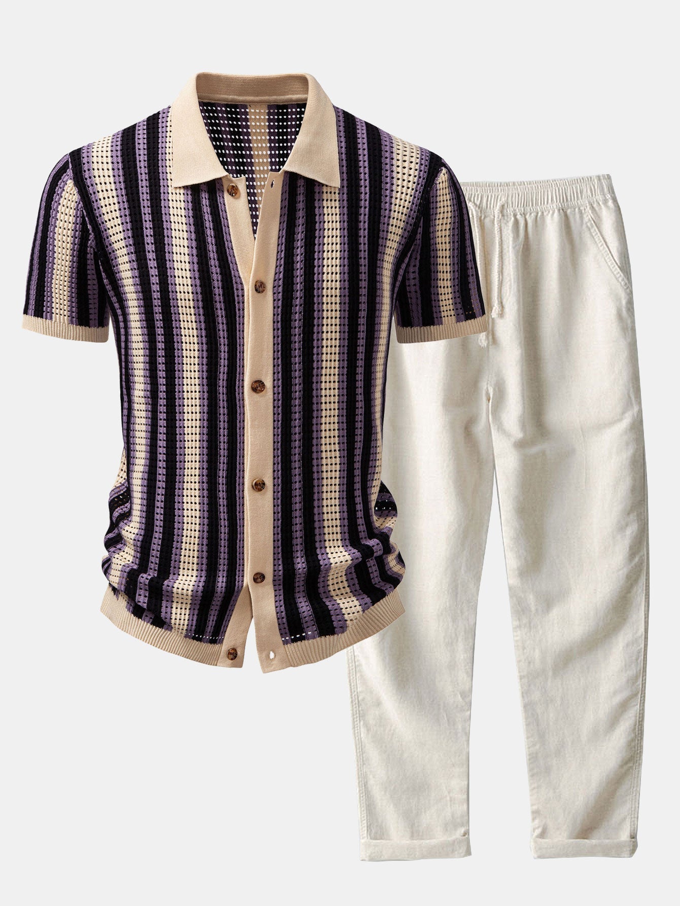 MAISON VALÉRIE | Chemise à rayures avec œillets au crochet & pantalon en lin à jambe droite
