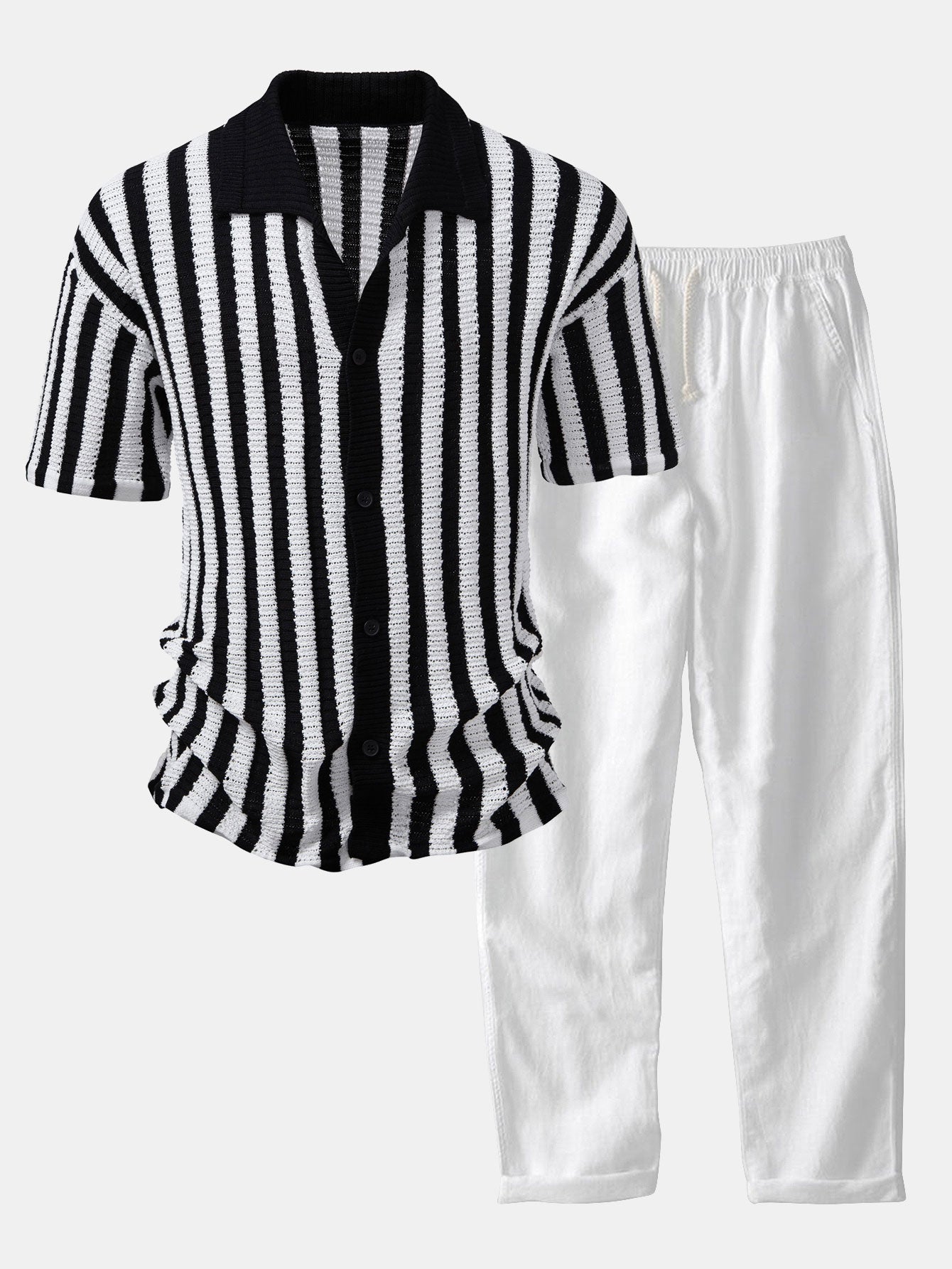 MAISON VALÉRIE | Chemise à épaules dégradées et rayures au crochet & pantalons en lin à jambe droite