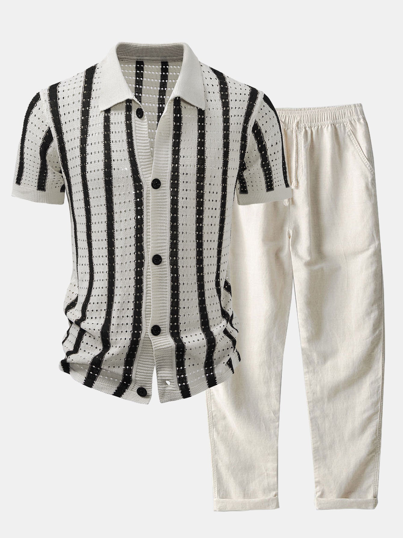MAISON VALÉRIE | Chemise à rayures avec œillets tricotés & pantalons en lin à jambe droite