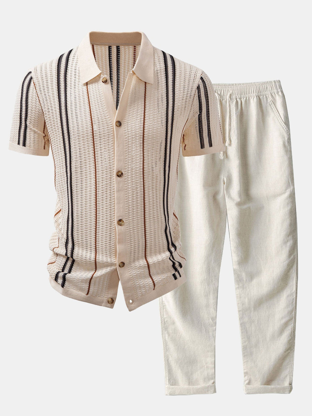 MAISON VALÉRIE | Chemise à rayures au crochet avec boutons & pantalons en lin à jambe droite