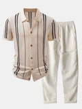 MAISON VALÉRIE | Chemise à rayures au crochet avec boutons & pantalons en lin à jambe droite