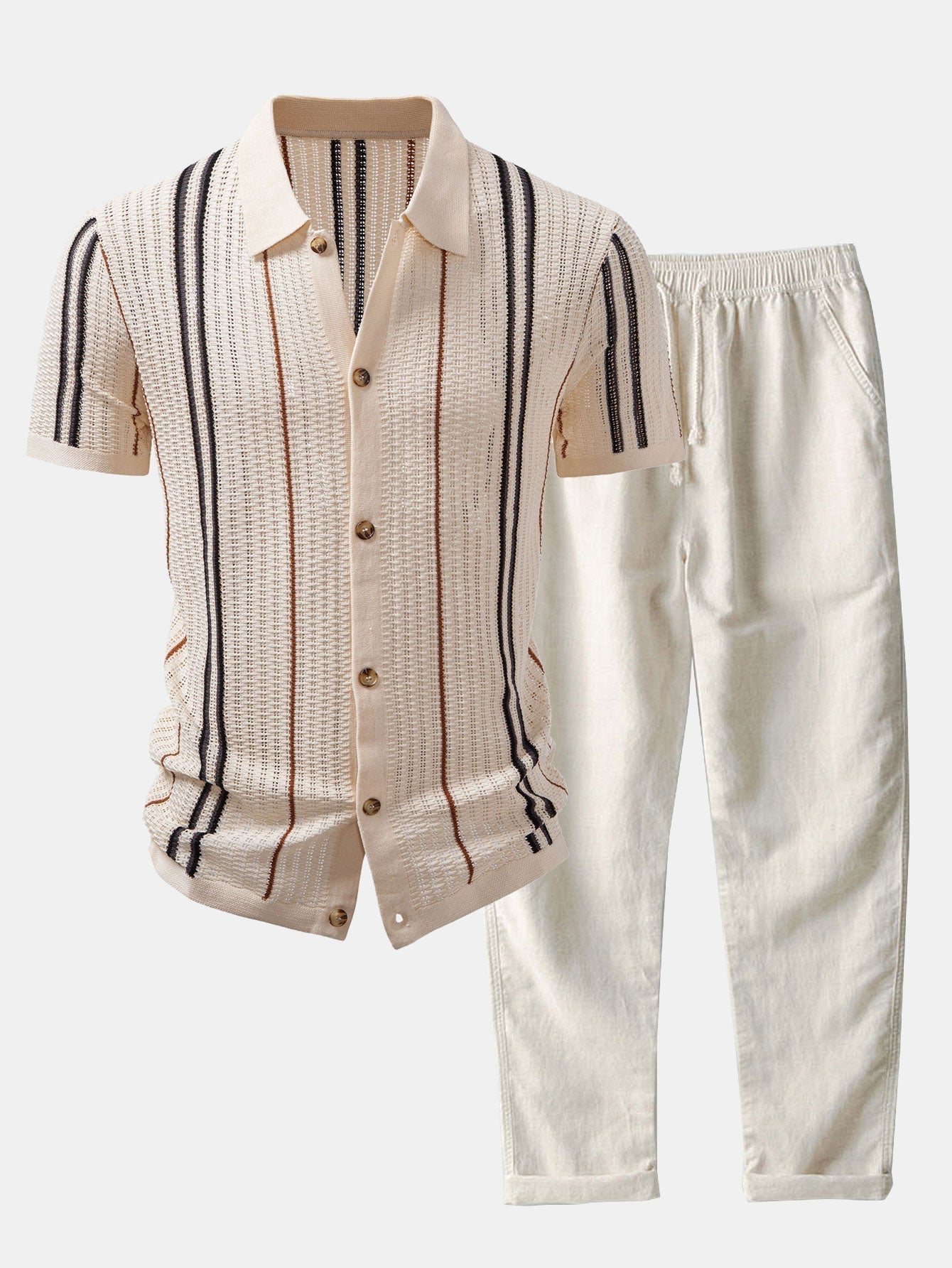 MAISON VALÉRIE | Chemise à rayures au crochet avec boutons & pantalons en lin à jambe droite