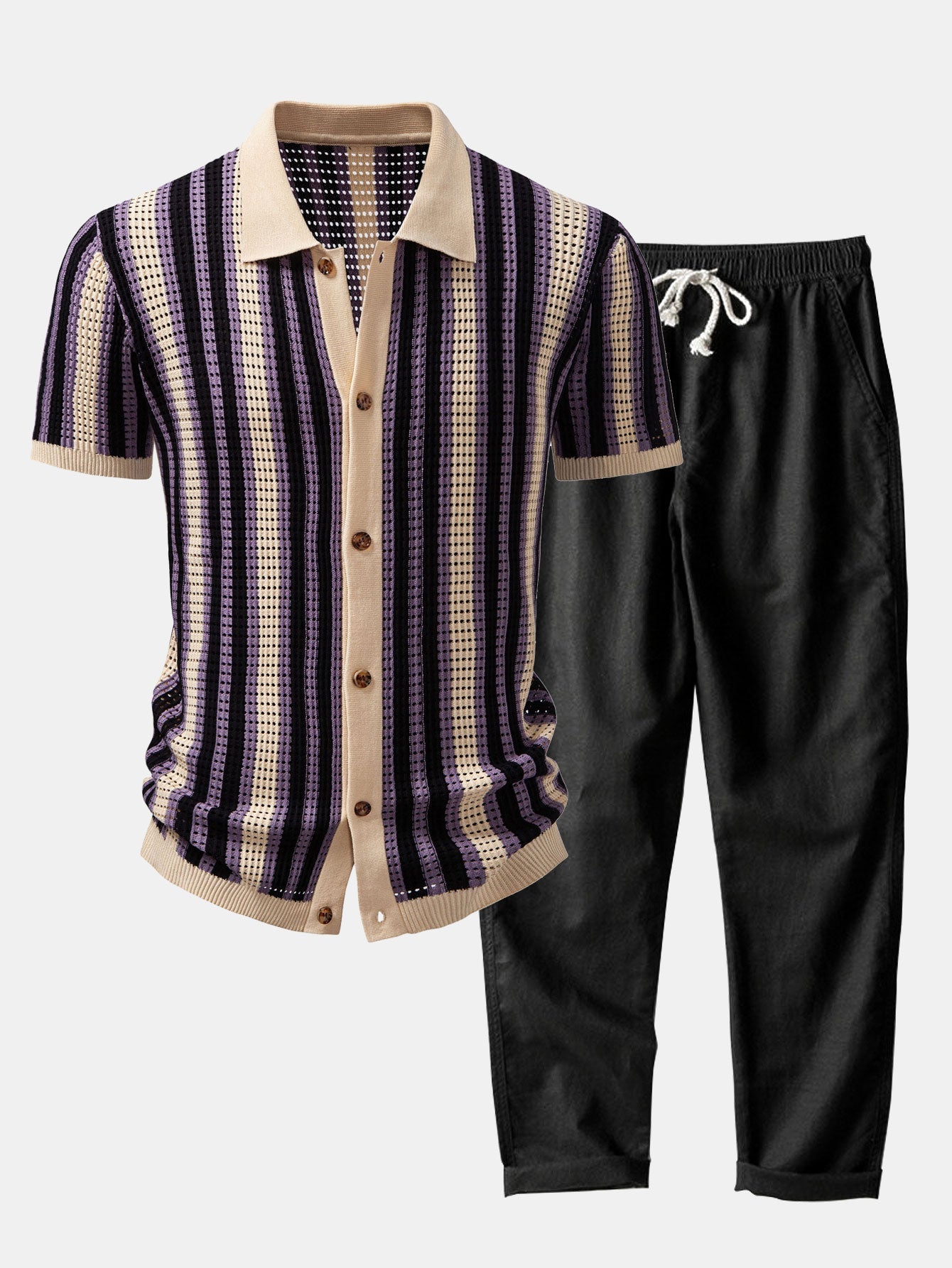 MAISON VALÉRIE | Chemise à rayures avec œillets au crochet & pantalon en lin à jambe droite