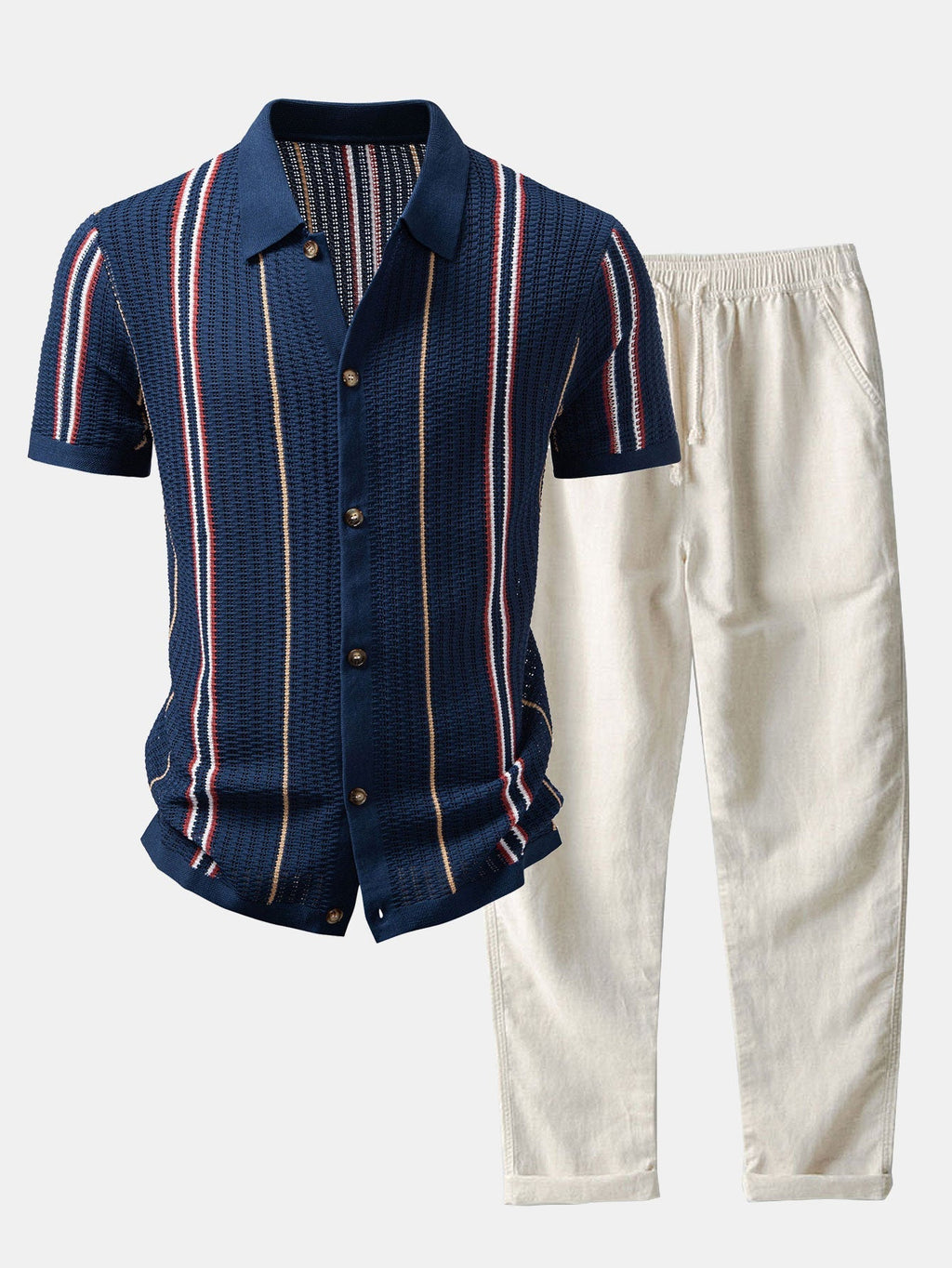 MAISON VALÉRIE | Chemise à rayures au crochet avec boutons & pantalons en lin à jambe droite