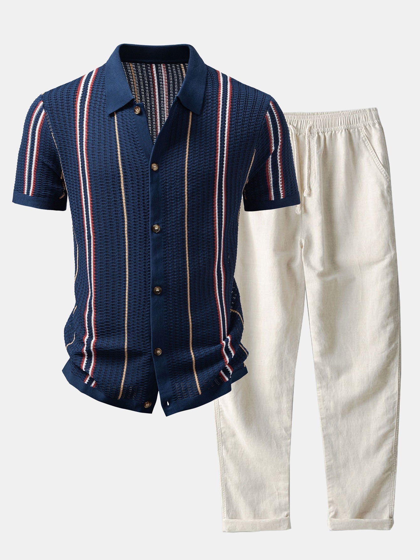 MAISON VALÉRIE | Chemise à rayures au crochet avec boutons & pantalons en lin à jambe droite