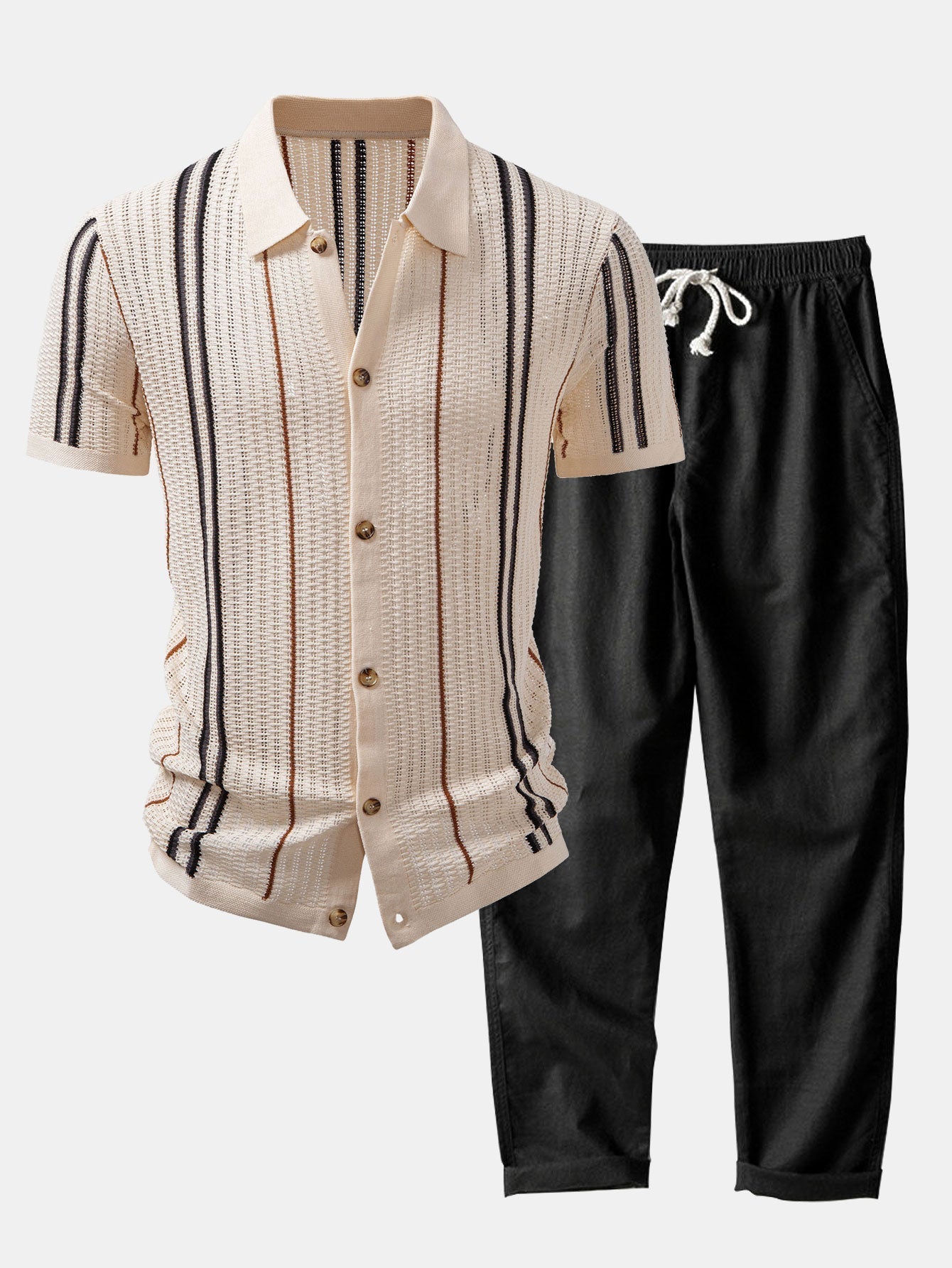 MAISON VALÉRIE | Chemise à rayures au crochet avec boutons & pantalons en lin à jambe droite