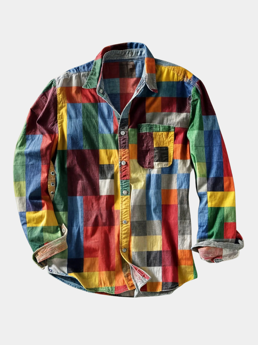 MAISON VALÉRIE | Chemise à manches longues patchwork colorblock pour homme