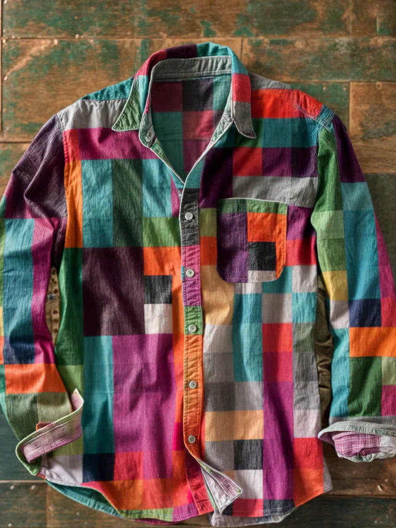MAISON VALÉRIE | Chemise à manches longues patchwork colorblock pour homme