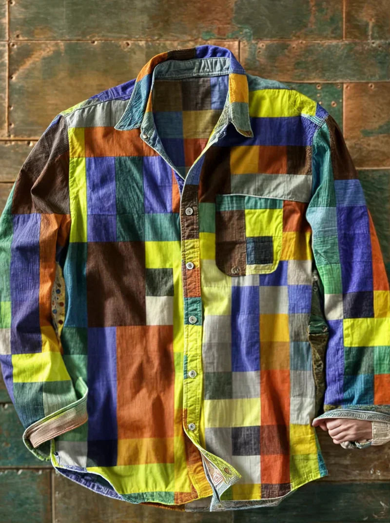 MAISON VALÉRIE | Chemise à manches longues patchwork colorblock pour homme