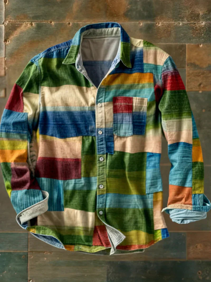 MAISON VALÉRIE | Chemise à manches longues patchwork colorblock pour homme